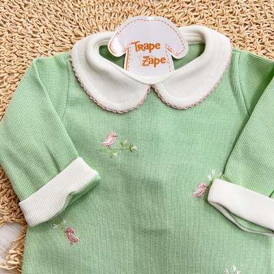 Macacão Tricotil (Tricot 100% Algodão) com Gola e Bordado - Verde Claro Passarinhos Rosas Macacão Tricotil (Tricot 100% Algodão) com Gola e Bordado - Verde Claro Passarinhos Rosas